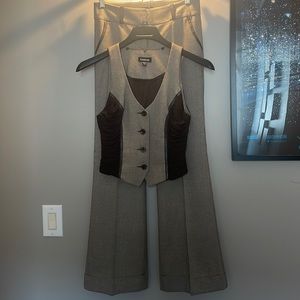 Bebe pantsuit 2pc herringbone leather accent ruched vest & wide leg pants